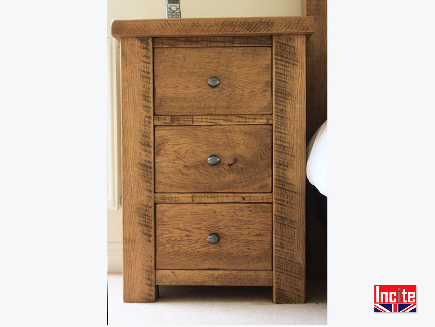 Rustic Oak 3 Drawer Bedside Cabinet Custom made by Incite